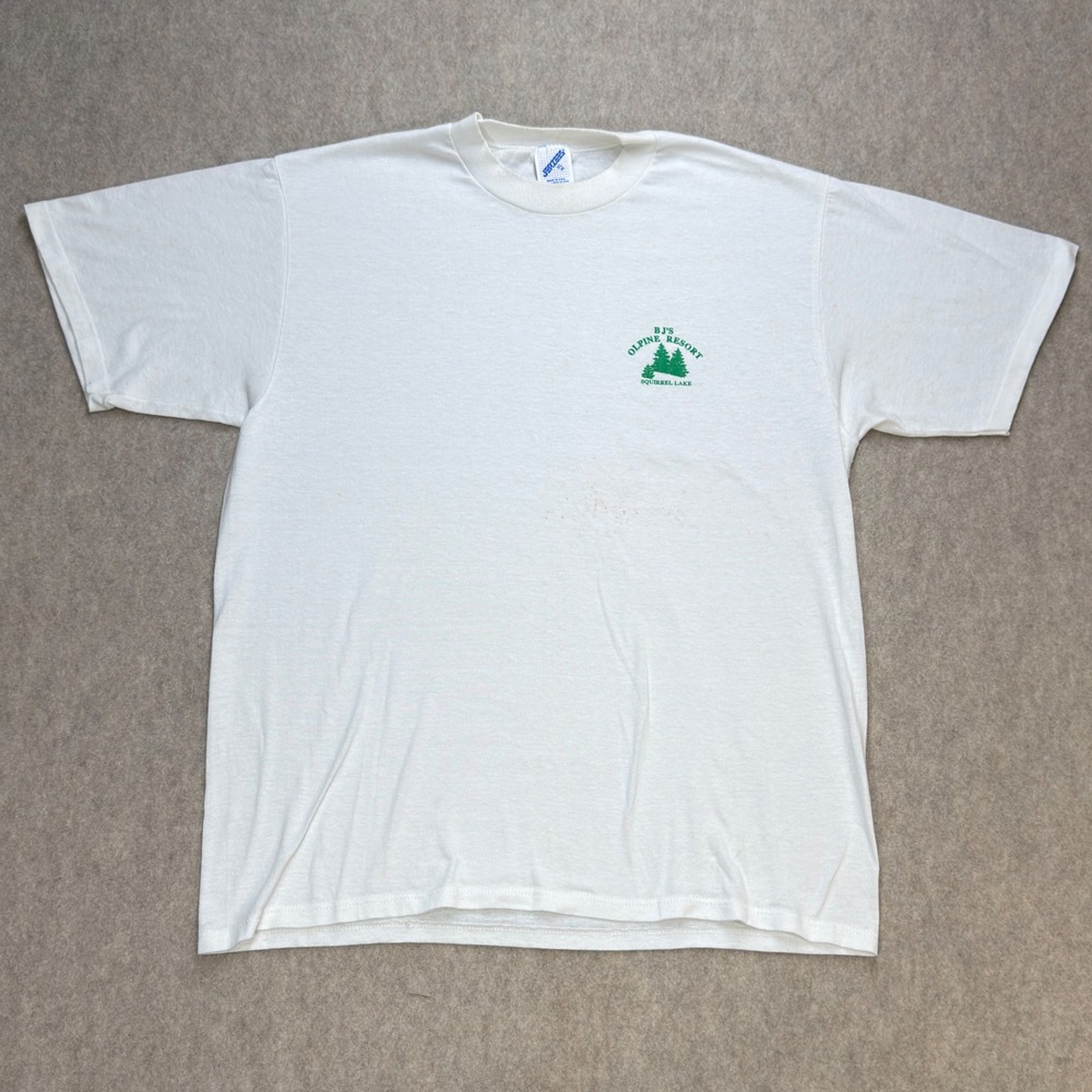 Vintage Jerzees T-Shirt Mens XL White BJ's Olpine Resort Squirrel Lake Gorpcore